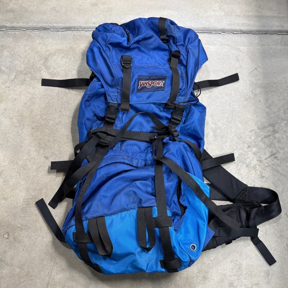 Vintage Jansport Backpack Blue & Black Backpacking Hiking Camping Roughly 26x13